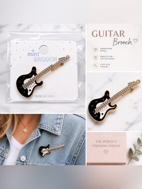 Guitar Brooch Pin Rhinestone Gold Black Cute Jewelry Music Lover Gift NWT